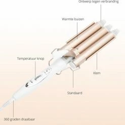 Merkloos Bibisun Wafeltang Deluxe - Wave Krultang - Wafeltang Haar - Golvenkrultang - Waver - Wavertang - Curling Iron - Hair Curler - Incl. Hitte Handschoen & 2 Haarklemmen - Beach Waves - Ros? Goud -Babyliss Shop 550x528 8
