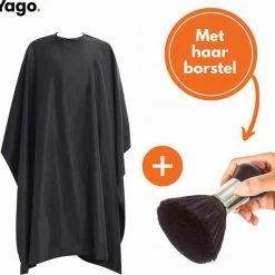 YAGO Kappersschort Met Borstel | One Size | Haar Knippen | Volwassenen & Kinderen | Kappersmantel | Kapper | Salon | Waterproof | Zwart | Barbier | Trimmen | Knippen | Wassen | Verfschort | Mannen & Vrouwen | Kapmantel