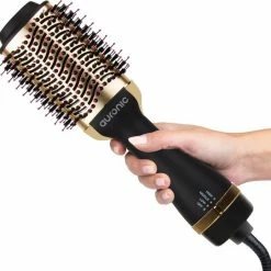 Auronic 3-in-1 F?hnborstel Rond - Keramische Magic Brush - Lang/Kort/Stijl/Krullen - 1000W - Zwart/Goud