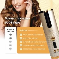 Simver Automatische Krultang - Draadloos - Krultangen - USB Oplaadbaar - LCD Display - Keramische Krulijzer - Goud - Black Friday 2022 -Babyliss Shop 550x550 313