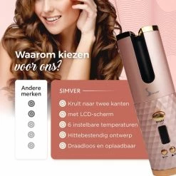 Simver Automatische Krultang - Draadloos - Krultangen -USB Oplaadbaar - LCD Display - Keramische Krulijzer - Roze - Black Friday 2022 -Babyliss Shop 550x550 320