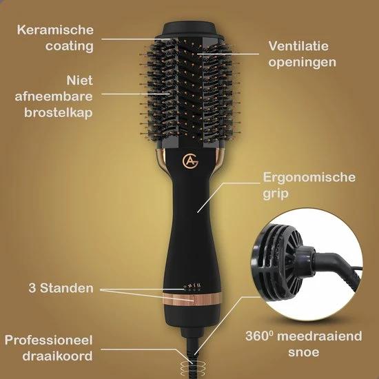 AG Store AG110 Luxe 3-in-1 Fohnborstel - Goud - Keramische Fohnborstels - Inclusief Travelbag, 12 Kleefrollen & 12 Haarclips - Ronde Borstel - 1000w - Krulborstel - Magic Brush - Lang/Kort/Stijl/Krullen Zwart 8 AG Store AG110 Luxe 3-in-1 Fohnborstel - Goud - Keramische Fohnborstels - Inclusief Travelbag, 12 Kleefrollen & 12 Haarclips - Ronde Borstel - 1000w - Krulborstel - Magic Brush - Lang/Kort/Stijl/Krullen Zwart - Afbeelding 8