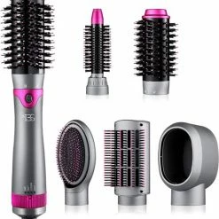 BAESS Föhnborstel Met 5 Opzetstukken - Fohn En Krulborstel - Ronde Borstel - Stijlborstel - Grijs/Roze