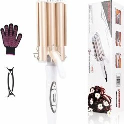 Merkloos Bibisun Wafeltang Deluxe - Wave Krultang - Wafeltang Haar - Golvenkrultang - Waver - Wavertang - Curling Iron - Hair Curler - Incl. Hitte Handschoen & 2 Haarklemmen - Beach Waves - Ros? Goud